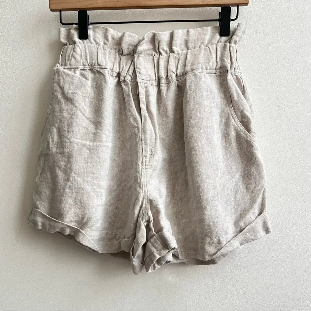 POSSE ducky Paperbag style high waist 100% lien Tan shorts women Size Small